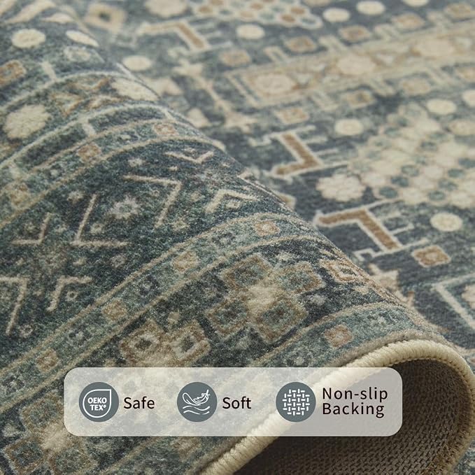 Rugxara 9x12 Washable Area Rugs for Living Room - Large Rugs,Floral Boho Vintage Rug,Soft & Non-Slip,Low Pile Wool Carpet for Indoor Dining Room,Girls Room,Nursery Room and Kids Room(Ivory Blue)