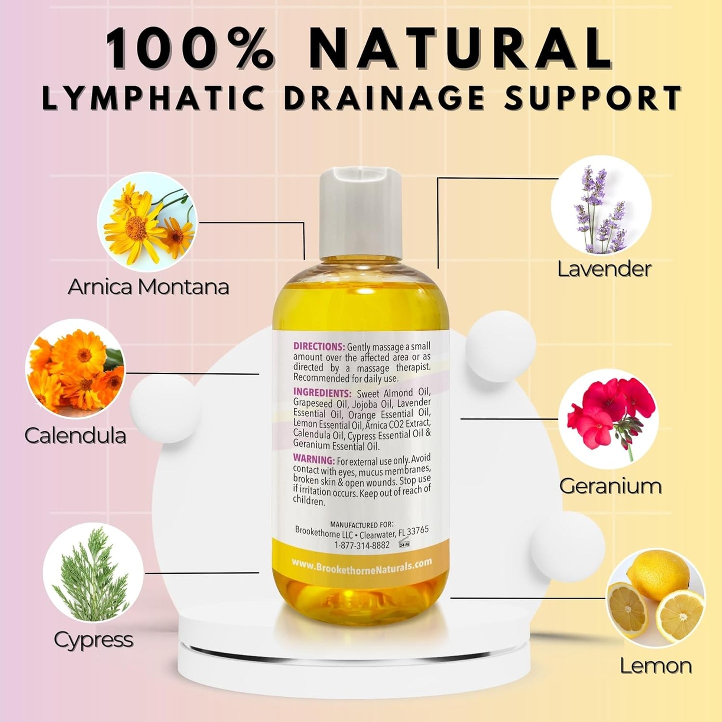 Lymphatic Massage Oil for Massage Therapy & Natural Lymphatic Drainage | Premium Quality with Arnica & Lavender Oil | for Post Surgery Recovery & Detox | 8oz by Brookethorne Naturals