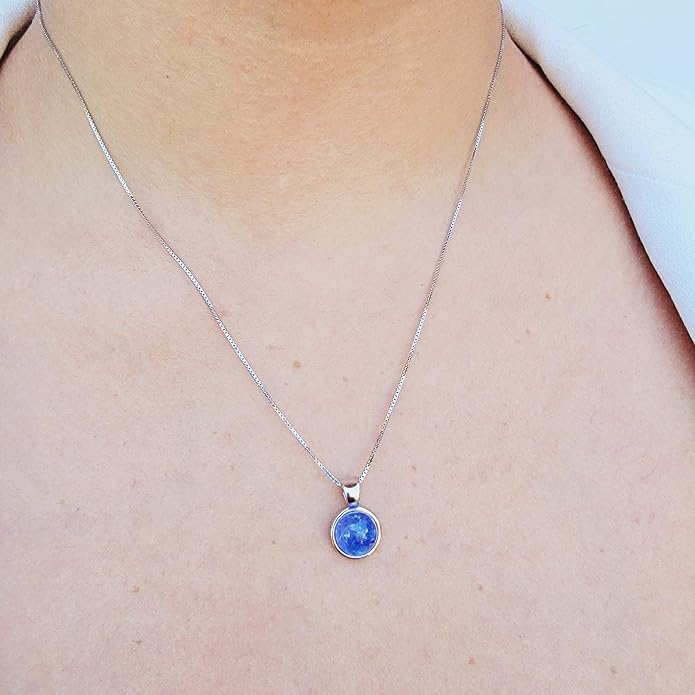 Natural gemstone 8mm round pendant with white gold over 925 sterling silver bezel cabochon plate and box chain, real genuine dainty birthstone gift for her, uniquelan jewelry