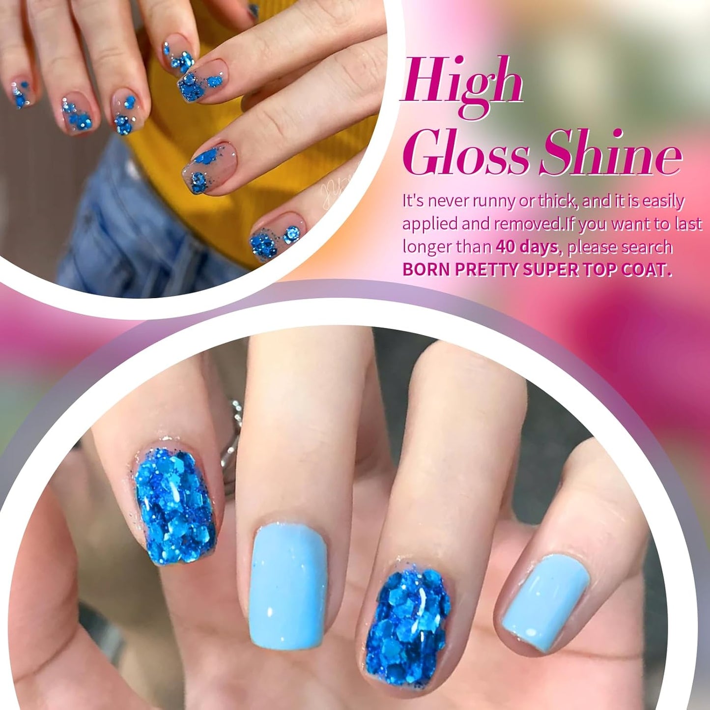 Born Pretty Glitter Gel Nail Polish with Sequins, 6 Pcs Blue Purple Gold Green Hot Pink Long Lasting Sparkly Shiny U V Gel Polish Set for Manicure and Nail Art, DIY at Home, Salon-Quality 7ml