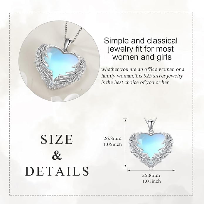 Angel Wings Necklace for Women 925 Sterling Silver Birthstone Guardian Necklace Jewelry Angel Wings Moonstone, Crystal Pendant Jewelry Gifts