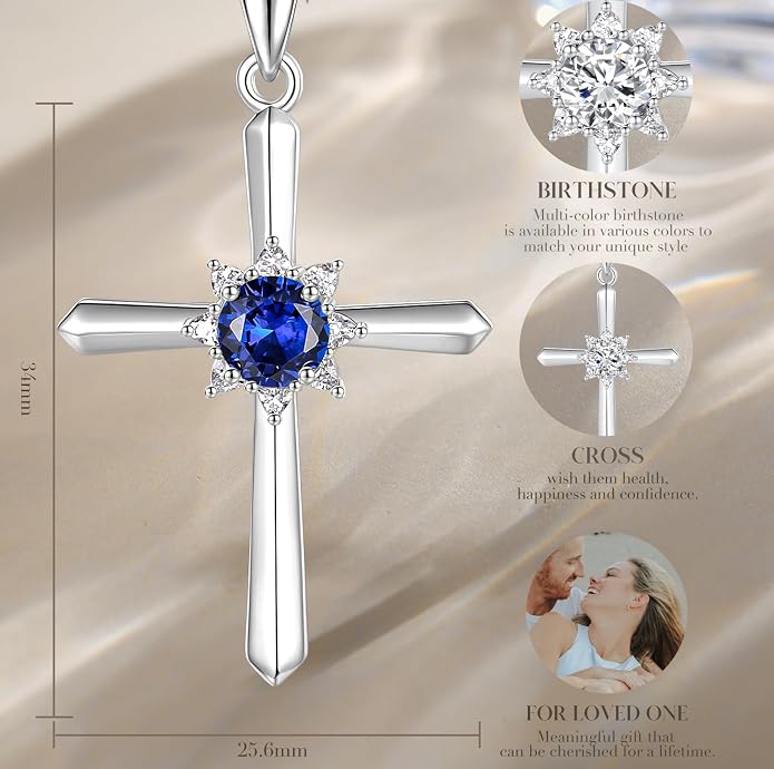 FANCIME Birthstone Cross Necklace for Women Sterling Silver Birthstone Necklace Halo Infinity Cross Pendant Necklace Fine Jewelry Valentines Day Gifts Birthday Holiday Gifts for Her, 16"+2" Inches