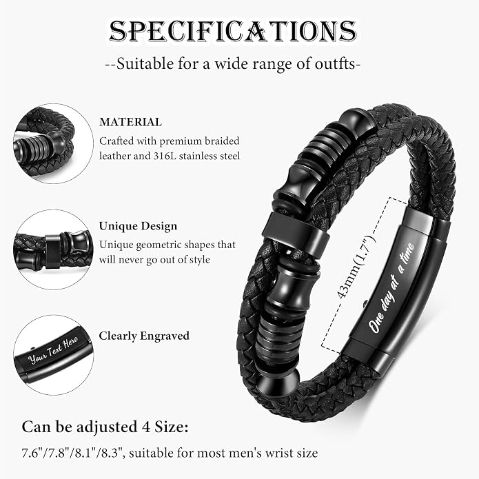 VNOX Men's Inspirational Mantra Engarved Handmade Braided Leather Adjustable Cuff Bangle Bracelet Encouragement Motivational Gift for Men
