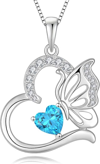 Butterfly Necklace for Women 925 Sterling Silver Heart Pendant Birthstones Jewelry Gift