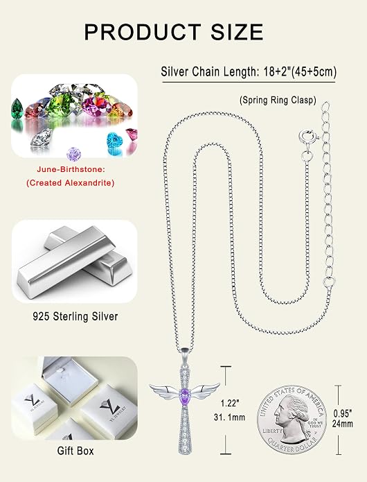 YL Cross Necklace 925 Sterling Silver Angel Wings Pendant Teardrop Birthstone Criss Jewelry for Women