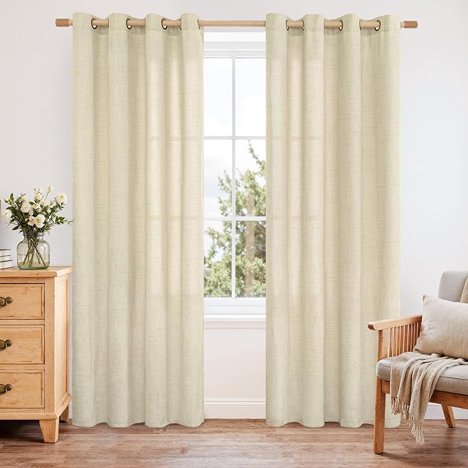 YoungsTex Linen Curtains 80 Inch Length for Living Room, Light Filtering Drapes with Grommet Semi Sheer Rustic for Bedroom Windows, Warm Beige, 2 Panels, 52 X 80 Inch