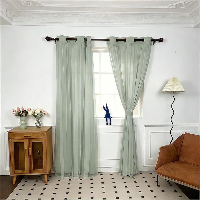 INLINAS Mint Blackout Curtains with Sheer Overlay - Grommet Top Thermal and Noise Reduction Panels for Bedroom and Living Room Light Blocking and Energy Saving, 37 x 72 Inches, Set of 2