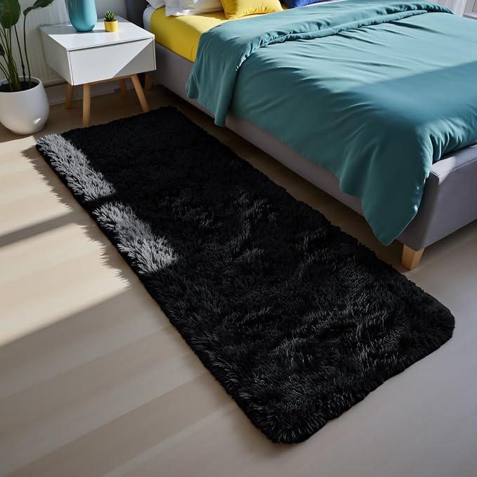 Soft Runner Rugs for Bedroom, Black 3x7 Area Rugs Fluffy Rug Shag Area Rug Carpet, Bedside Rug for Living Room Bedroom Room Home Decor