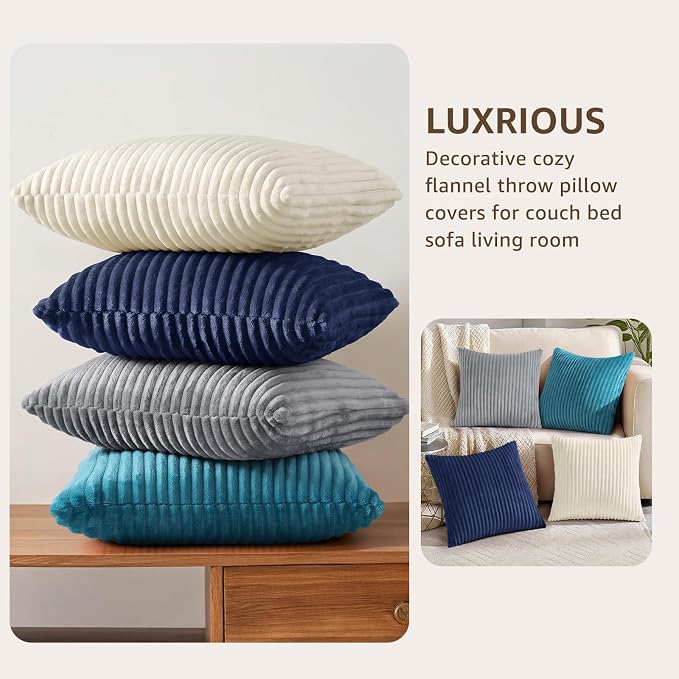 decorUhome Flannel Neutral Teal Throw Pillow Covers 20X20 Set of 4 | Decorative Fall Soft Fluffy Striped Double-Sided Couch Pillow Covers, Modern Farmhouse Pillow Cases for Sofa bed Home Decor