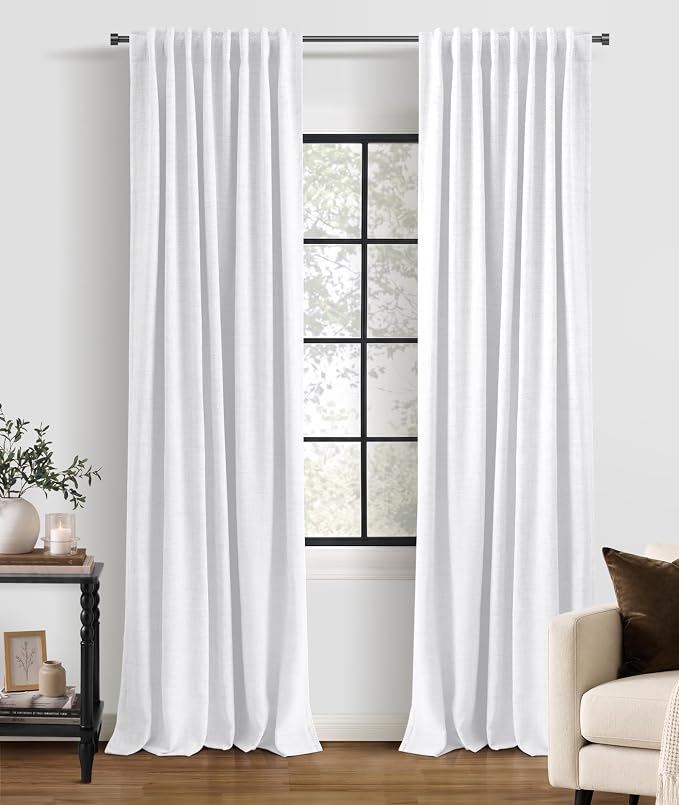 INOVADAY 100% Blackout Curtains 102 Inches Length 2 Panels Set, Back Tab/Rod Pocket Linen Black Out Curtains for Bedroom, Thermal Insulated Window Drapes - Bright White, W50 X L102