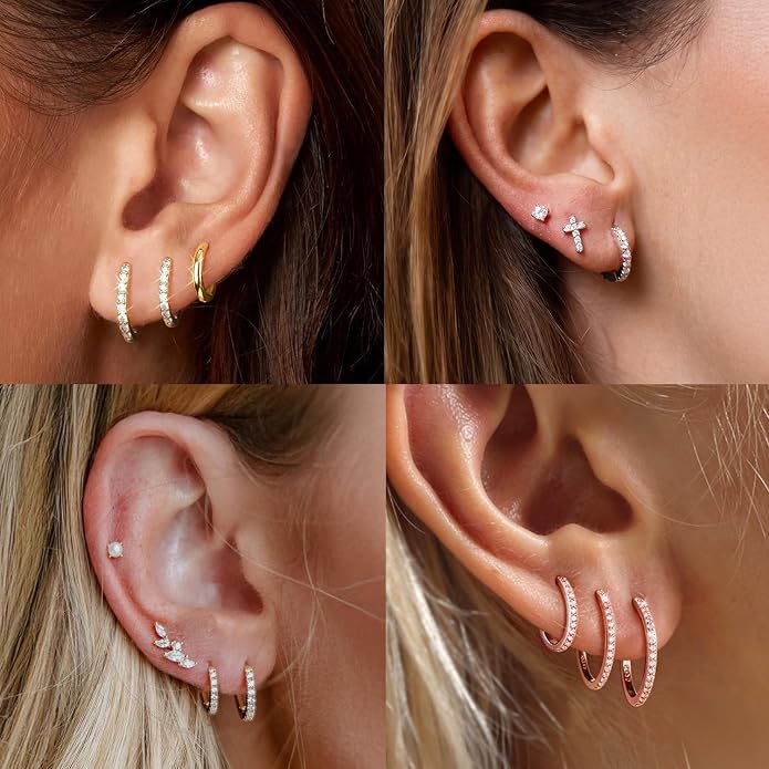 ChicSilver 925 Sterling Silver Huggie Earrings for Women 14K Gold Plated Silver Hoop Earrings for Women Hypoallergenic Small Cubic Zirconia Huggie Earring (6/8/10/12/14/16/18/20mm)