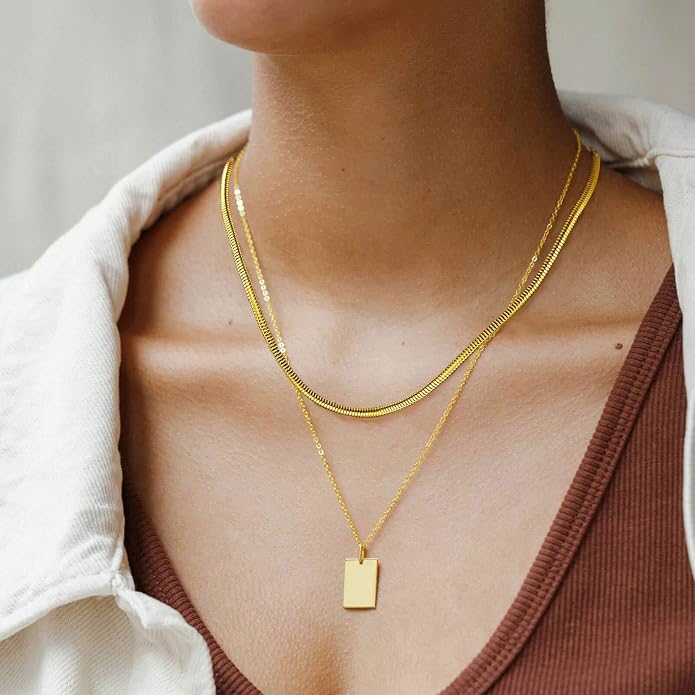 FindChic Black/14K Gold Plated Herringbone Choker Chain Necklace for Women | Waterproof Stainless Steel, Dainty Layering, Flat Snake Chain, Non-Tarnish, Hypoallergenic, Adjustable Extender, Gift Box