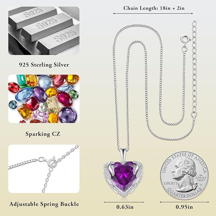 Angel Wings Necklace for Women 925 Sterling Silver Cubic Zirconia Love Heart Birthstone Pendant Necklaces