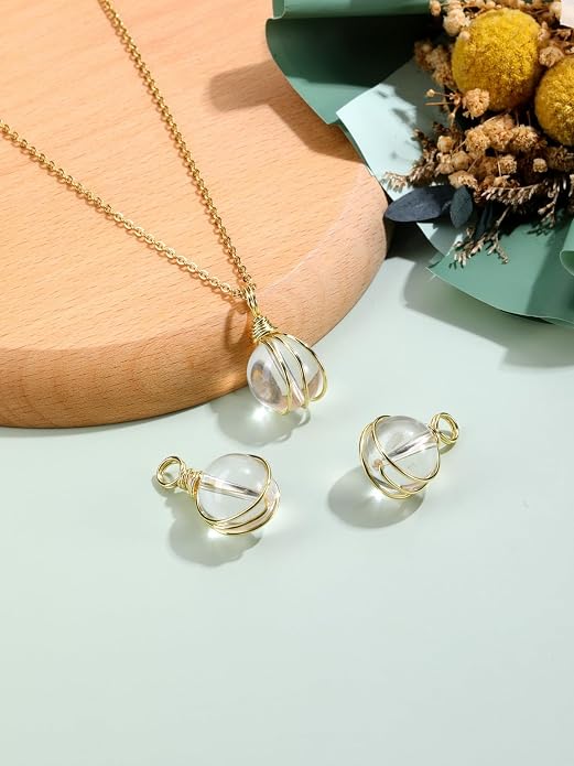 Jovivi Healing Crystal Stone Pendant Necklace Gold Wire Wrapped 16mm Natural Round Gemstone Ball Crystal Necklace for Women Men Reiki Quartz Jewelry