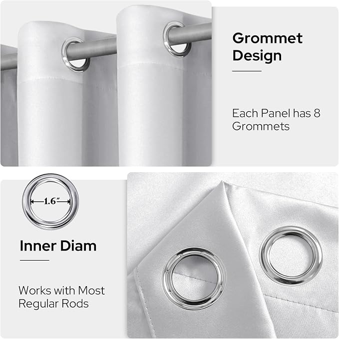HOMEIDEAS 2 Panels Greyish White Faux Silk Blackout Luxury Curtains, 52 X 96 Inch Room Darkening Satin Thermal Insulated Window Drapes for Bedroom Decor, Indoor