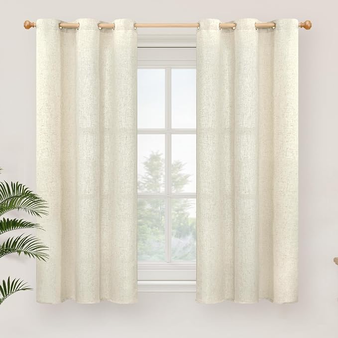 YoungsTex 45 Inch Length Beige Linen Curtains for Kitchen Windows, Short Light Filtering Drapes with Grommet Semi Sheer Privacy for Bathroom Living Room Window, 2 Panels, 42 X 45 Inch