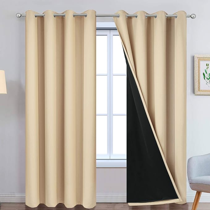 Yakamok Beige 100% Blackout Curtains 96 Inches Long for Bedroom 52" Wide | Blackout Curtain Panels for Bedroom, 2 Thick Layers Grommet Top Thermal Insulated Drapes with Black Liner for Living Room