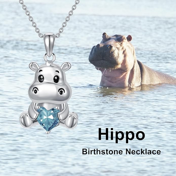 PROESS Animal Birthstone Necklace 925 Sterling Silver Otter/Axolotl/Hippo/Elephant/Dachshund/Monkey/Red Panda Pendant Necklace Animal Birthstone Jewelry Gifts for Women
