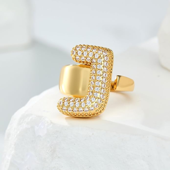 Cicy Bell Initial Rings for Women 14k Gold Plated Cubic Zirconia Delicate Letter Chunky Statement Open Rings Gifts for Her