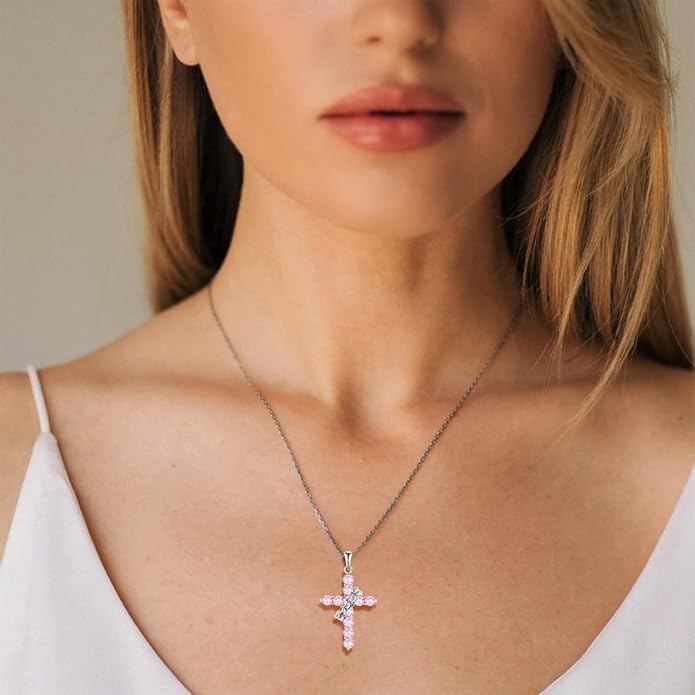 Rotated Crown Cross Necklaces for Women, 925 Sterling Silver Round Cut Zircon Neckalce Pendant With Ring Birthstones Jewelry for Her