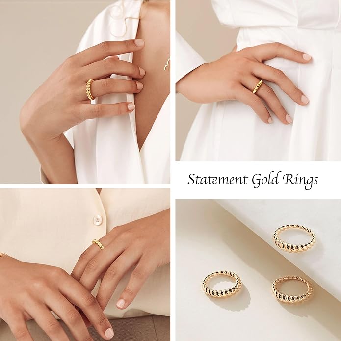 Non Tarnish Gold Chunky Rings for Women, 14K Gold Plated Statement Dome Rings Stacking Silver, Adjustable Mens Eternity Wedding Band Mixed Metal Jewelry Size 3-13