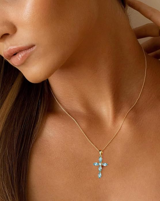 14K Gold Plated 925 Sterling Silver Birthstone Cross Necklace for Women Men