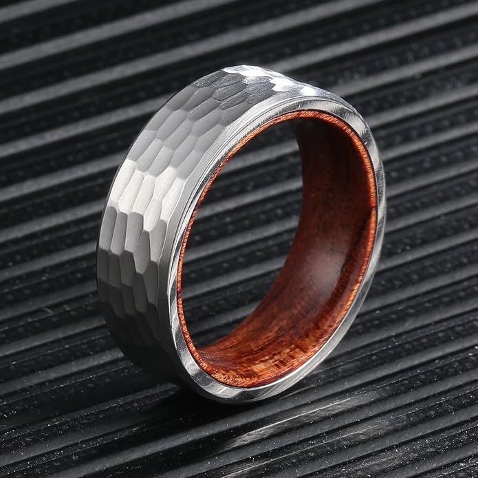 King Will 6/8mm Wedding Band for Men, Silver/Black Hammered Titanium Wedding Ring Inlaid Wood Inner Hole, Wedding Band for Men Matte Brushed Comfort Fit 7-14