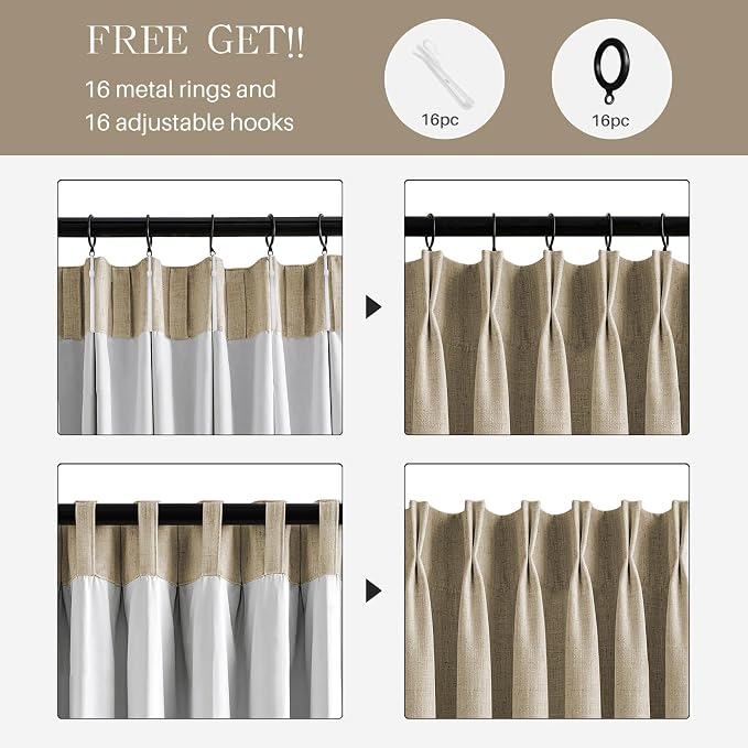 Pinch Pleated Curtains 100% Blackout Linen Curtains 84 Inches Long for Bedroom Living Room, Sand Color Memory Trained Thermal Insulated Room Darkening Window Drapes with Hooks 2 Panels 40"Wx84"L