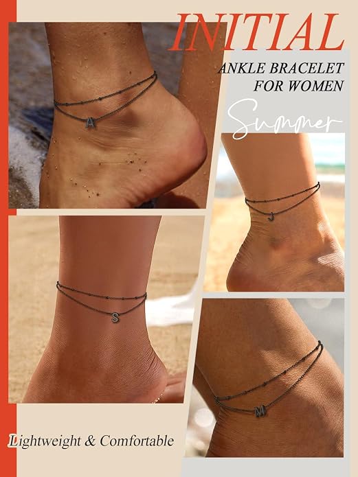 FaithHeart Initial Ankle Bracelets for Women, Waterproof 14k Gold Plated Initial Anklets Non Tarnish Stainless Steel Cute Layered Anklet Summer Beach Jewelry
