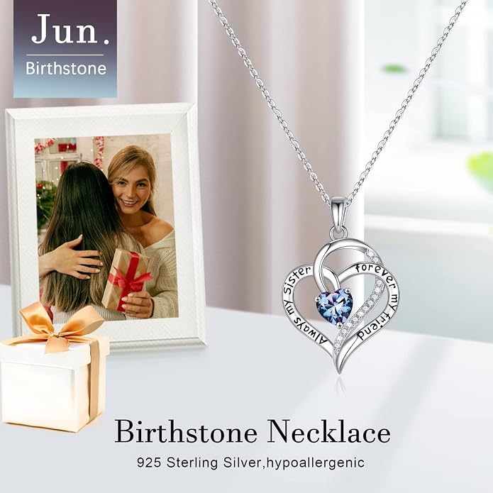 Iefil Gifts for Sister - 925 Sterling Silver Birthstone Necklace Sisters Jewelry