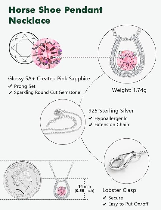 925 Sterling Silver Horseshoe Necklace for Women Round Gemstone Birthstone Necklace Sapphire/Emerald/Ruby/CZ Horse Shoe Pendant Necklaces Jewelry Gift