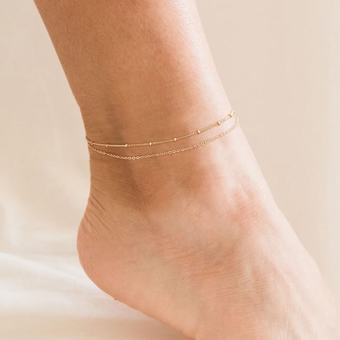 Dainty Gold Disc Chain Anklet for Women, 14K Gold Plated Sequin Foot Bracelet, 8.3"+2" Adjustable Delicate Flat Disc Link Ankle Bracelet, Minimalist Summer Beach Jewelry Gift for Her