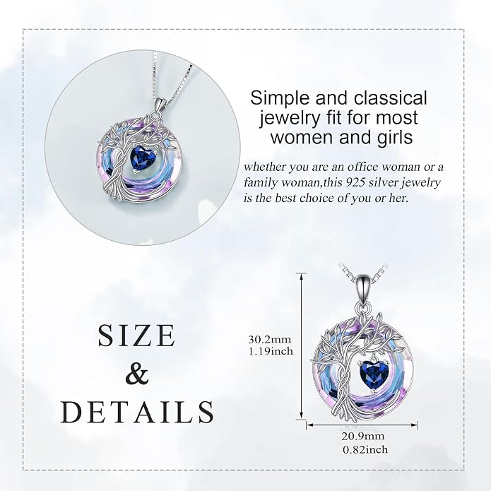 POPLYKE Mothers Day Gifts for Mom Her Wife Tree of Life Necklace 925 Sterling Silver Birthstone Pendant with Crystal Anniversary Birthday Wedding Jewelry for Women