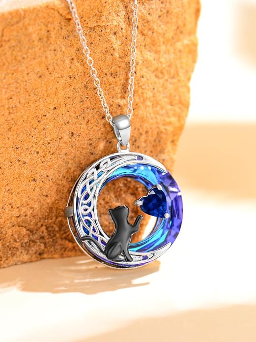 TOUPOP Cat Gifts for Cats Lovers 925 Sterling Silver Black Cat Necklace Celtic Moon Birthstone Jewelry for Women Anniversary Birthday Gift for Her Wife Mom