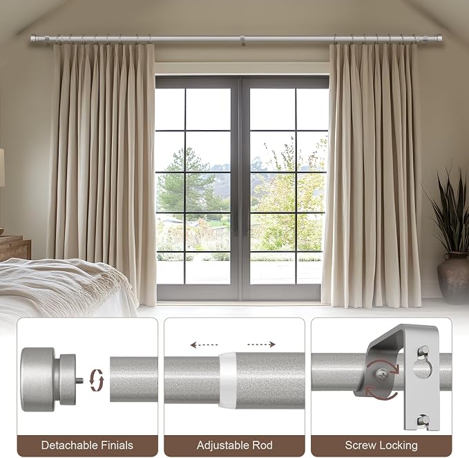 Lootkell 2 Pack Modern Silver Curtain Rods Set for Windows 28 to 48 Inches Adjustable Length Heavy Duty 1" Diameter Window Curtain Rod with Decorative Finials for Outdoor Bedroom Kitchen Living Room