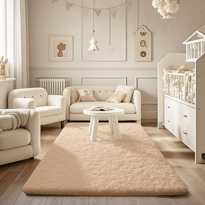 Ophanie Beige Rugs for Bedroom Living Room, Fluffy Fuzzy Furry Carpet,Plush Soft Shaggy Bedside Indoor Floor 4x6 Area Rug for Kids Girls Boys Baby Teen Dorm Nursery Decor with Over 99 pcs Pile fibers