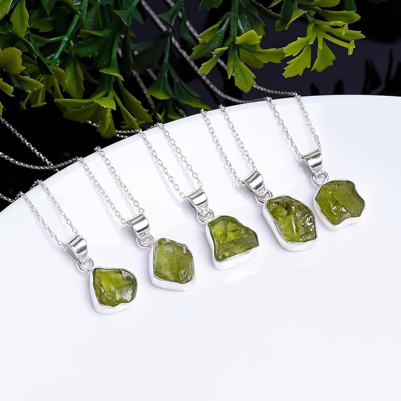 Natural Real Raw Peridot Crystals Bezel Pendant Necklace, Birthstone, Healing Rough Gemstone, 925 Sterling Silver Jewelry 18 inch