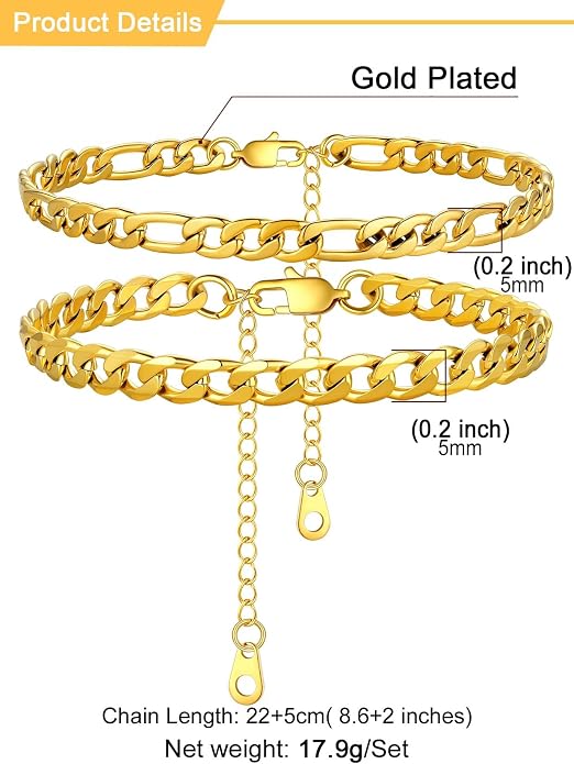 U7 2Pcs/3Pcs Ankle Bracelets for Women, Stainless Steel Cuban Link/Figaro/Rope/Heart Chain Anklets Sets,Waterproof Layered Anklets Adjustable 8.5"-10.5"