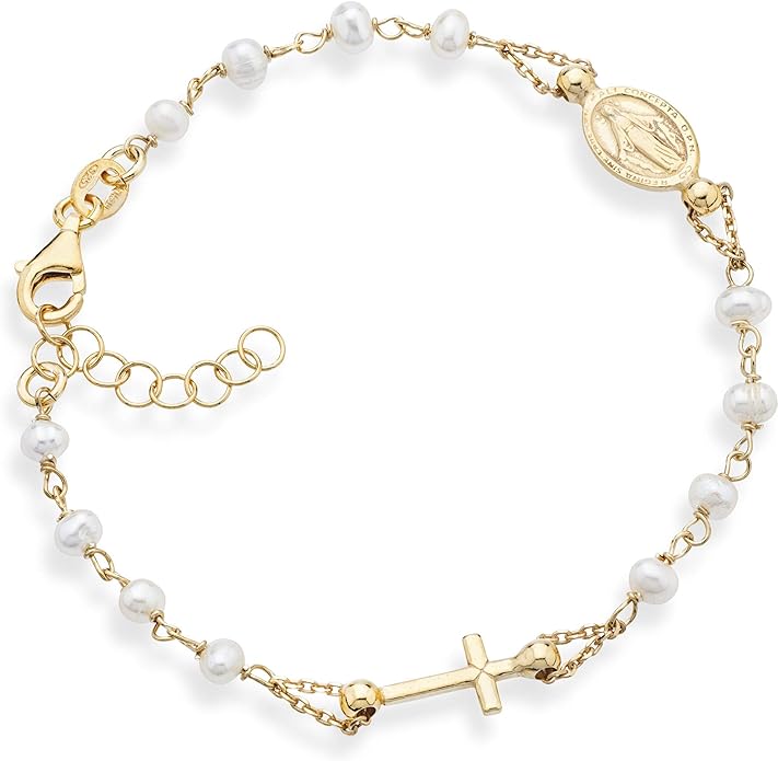 Miabella 18K Gold Plated 925 Sterling Silver Handmade Italian 3.5-4mm White Cultured Freshwater Pearl Rosary Cross Charm Bead Bracelet for Women, Adjustable Link Chain, 925 Italy
