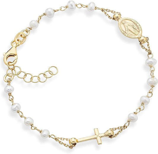 Miabella 18K Gold Plated 925 Sterling Silver Handmade Italian 3.5-4mm White Cultured Freshwater Pearl Rosary Cross Charm Bead Bracelet for Women, Adjustable Link Chain, 925 Italy