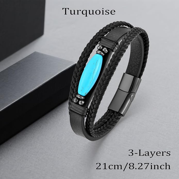 Mens Turquoise/Lapis Lazuli/Tiger Eye/Black Agate/Obsidian Leather Braided Bracelets for Father's Day/Birthdays/Graduation Jewelry Wristband Cuff Bracelet with Stainless Steel Clasp