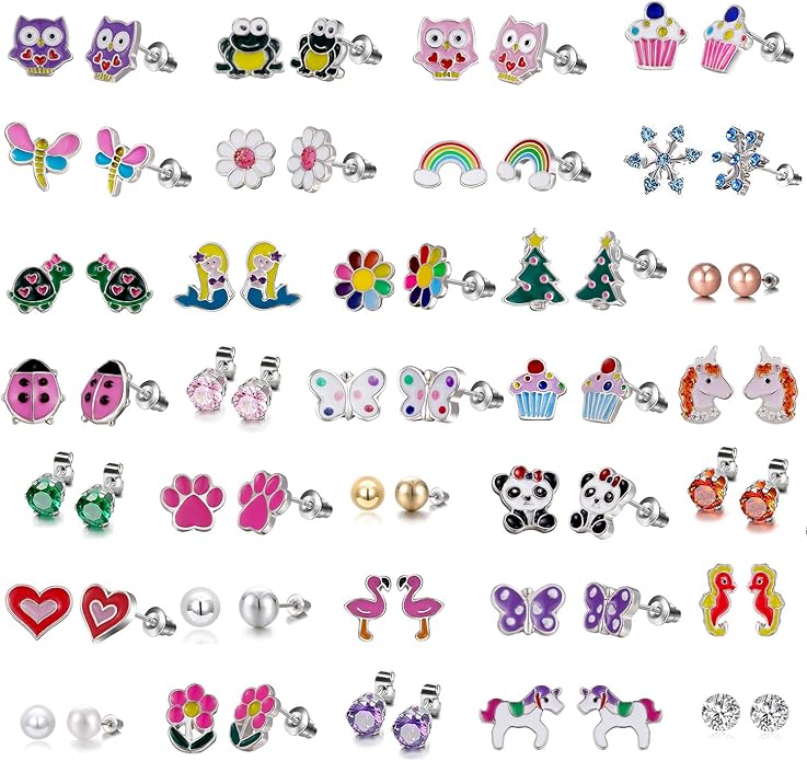 33 Pairs Stainless Steel Cartoon Earrings for Girls - Hypoallergenic Colorful Stud Earing Set, Mix & Match Cute Earring for Teens, Kids, Doll Dressup Accessories