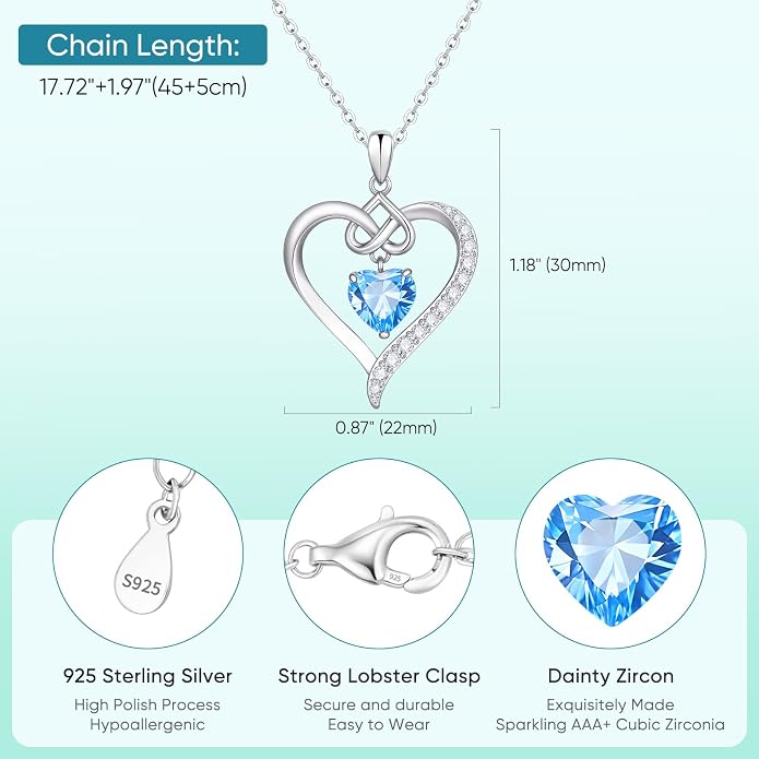 925 Sterling Silver Birthstone Heart Necklace for Women - Infinity Love Pendant with Cubic Zirconia, 12 Colors, Valentine's Day Gift for Her, 12 Months, Birthday Anniversary Christmas Jewelry Gifts