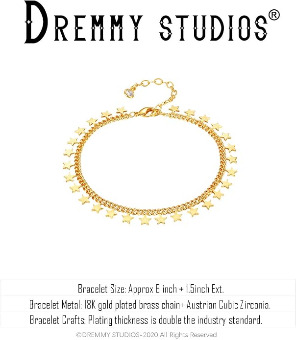 Dremmy Studios Gold Bracelet for Women 18K Gold Plated Dainty Paperclip Cubic Zirconia Disc Coin Star Cable Satellite Bead Pearl Simple Boho Minimalist Stacking Layered Link Jewelry Gift