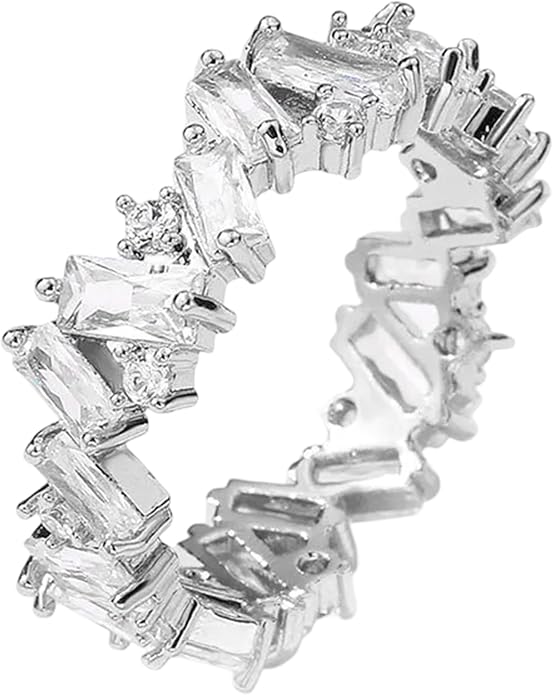 Cubic Zirconia Ring for Women, Emerald Cut Cubic Zirconia Eternity Ring, Fashion Wedding Band Style, Continuous Diamond Design