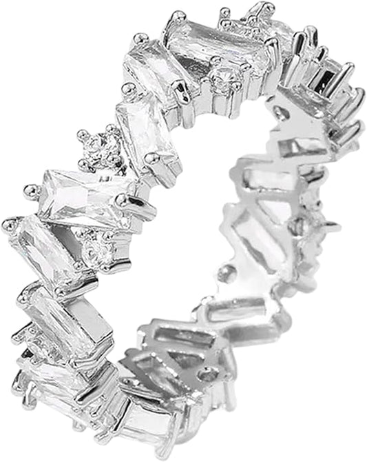 Cubic Zirconia Ring for Women, Emerald Cut Cubic Zirconia Eternity Ring, Fashion Wedding Band Style, Continuous Diamond Design