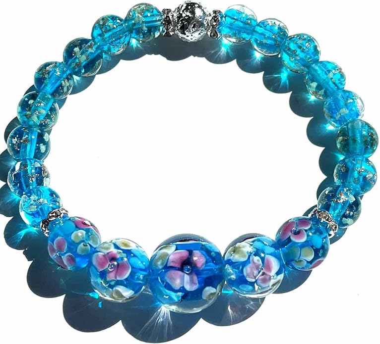 ARTSY Crafts Lily Garden Glow in the Dark Firefly Bead Bracelets Necklaces, Handmade in USA Murano Glass Jewelry, Flower Luminous Beads Mermaid Crystal Bracelet Bangle