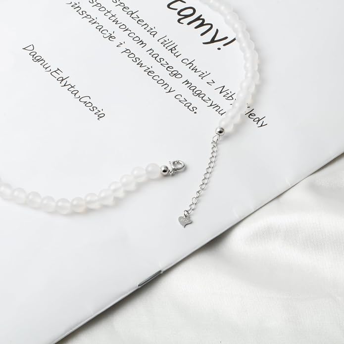 Kakikaki Natural Agate Choker Necklace Sterling Silver Round Beads Strand Necklace for Women