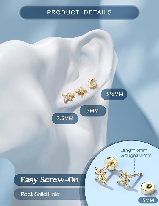 ORAZIO 925 Sterling Silver Flat Back Stud Earrings for Women Hypoallergenic 14K Gold Plated Cartilage Earrings for Sensitive Ears Small CZ Opal Conch Helix Tragus Piercing Jewelry 3 Pairs 20G