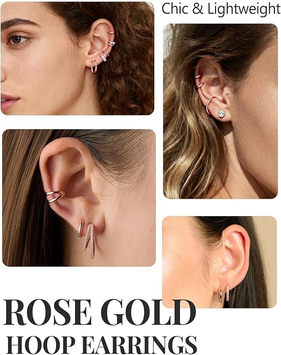 Silvora Sterling Silver Hoop Earrings for Women, Small Hoops 14K Gold Plated/925 Silver/Rose Gold/Black, Hypoallergenic Huggie Lightweight Cartilage Sleeper Earrings 8/10/12/14/16/18/20mm